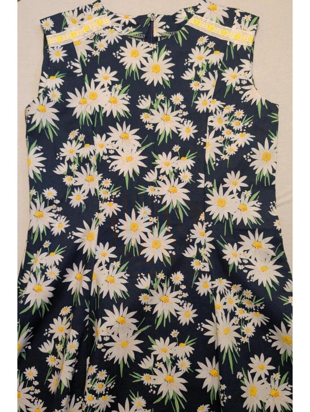 Handmade OOAK Daisy Print Navy Zipper Back Girls Dress Size 12